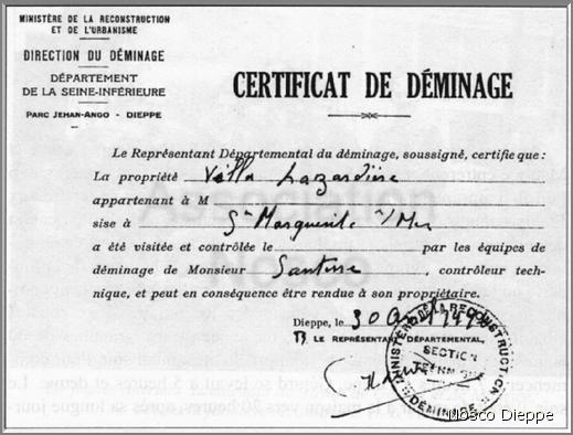 CERTIFICAT DE DEMINAGE - DIEPPE